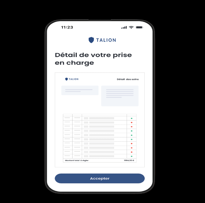 Interface mobile Talion présentant le détail d'une prise en charge